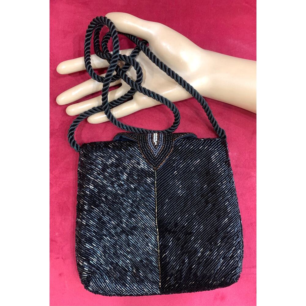 80s Art Deco Style Micheline Burke Black & Copper Beaded Shoulder Bag - Picture 6 of 11